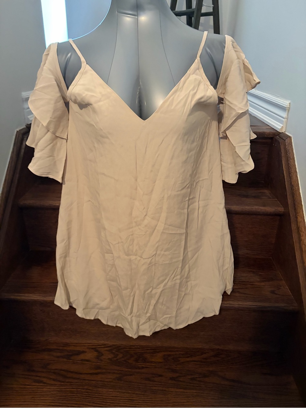 Kaitlyn Beige Cold-Shoulder Ruffle V-Neck Tank Top